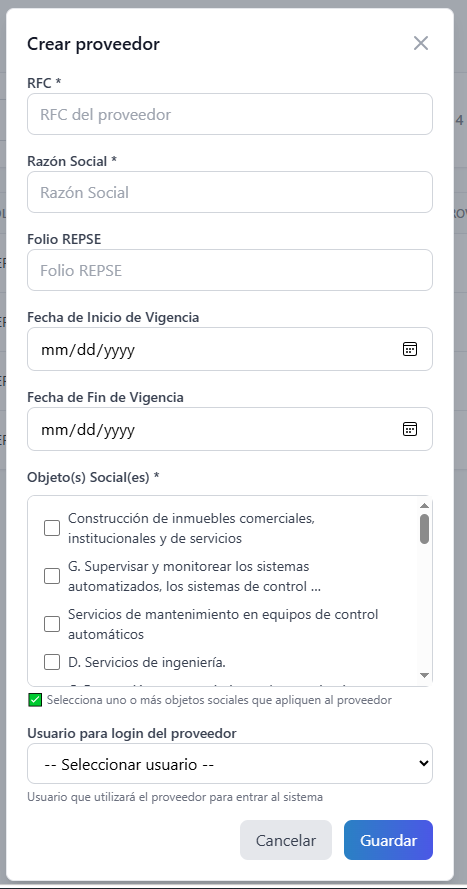 nuevo proveedor
