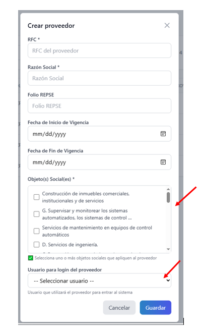 proveedor formulario
